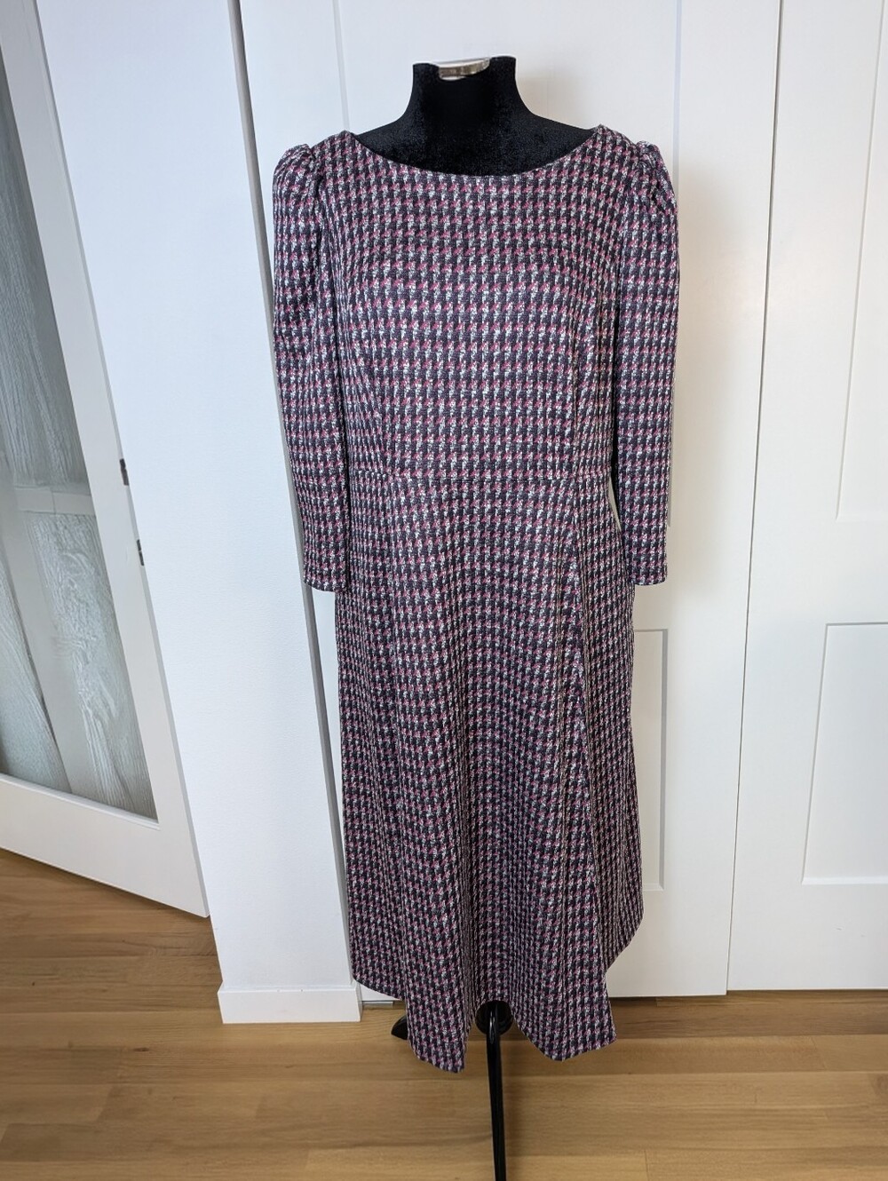 New Calvin Klein Fit & Flare Midi Dress Round Neck 3/4 Sleeve Zip Sz 16 Redwine